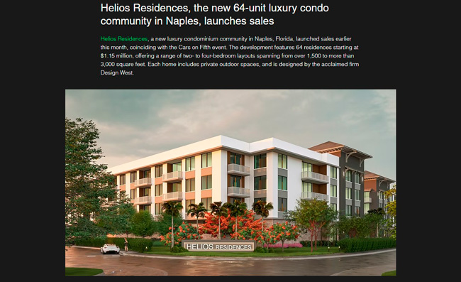 Helios Residences, the new 64-unit luxury condo community in Naples, launches sales